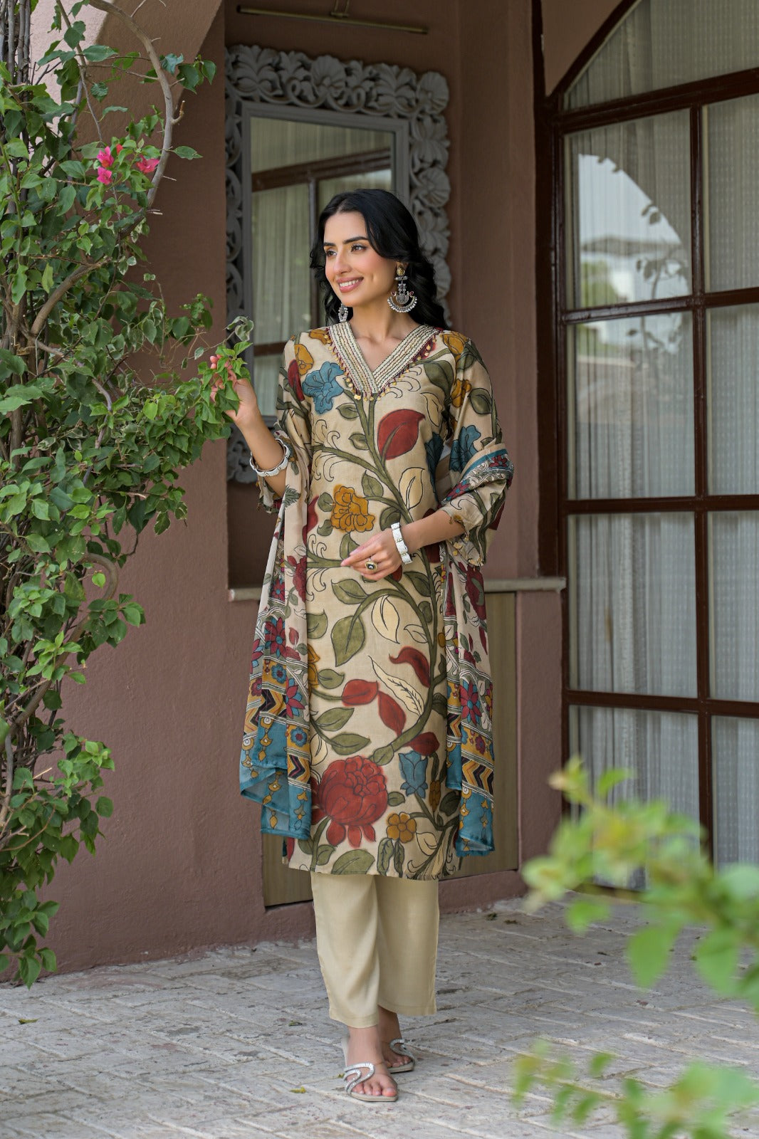 Pure silk kalamkari print with mul lining three piece set (B983)