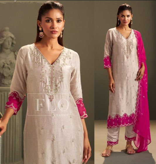 Silver with pink pure dola silk three piece set (A1107)