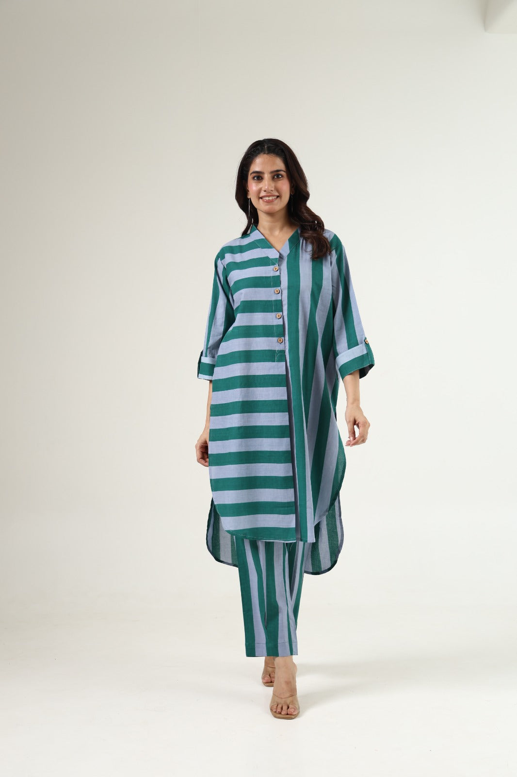 Light Blue with green pure cotton strips two piece cordset   (A527)