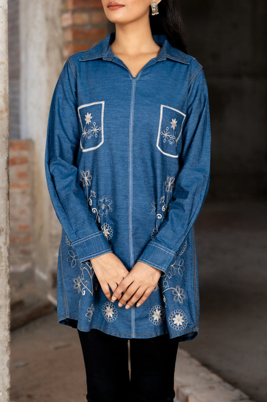 Denim blue fully thread work only long shirt (P1276)