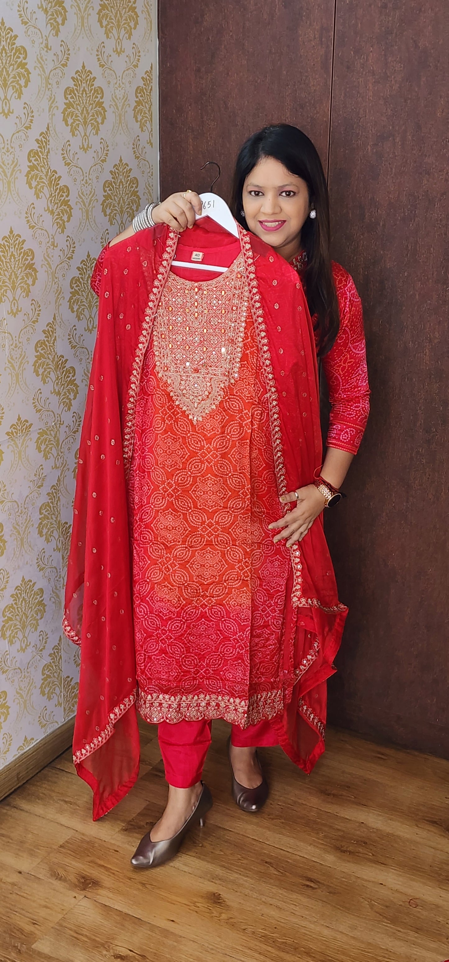 Orange with red pure crape with real mirror work three piece set (P909)