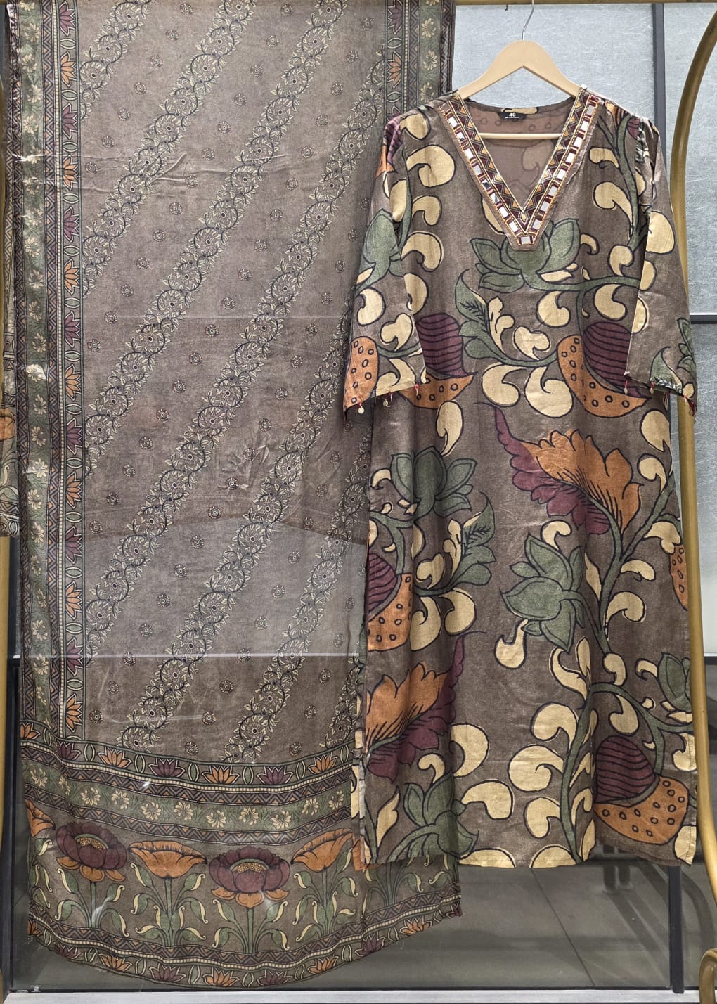 Pure mul silk kalamkari with lining and chinnon dupatta three piece set (C201)