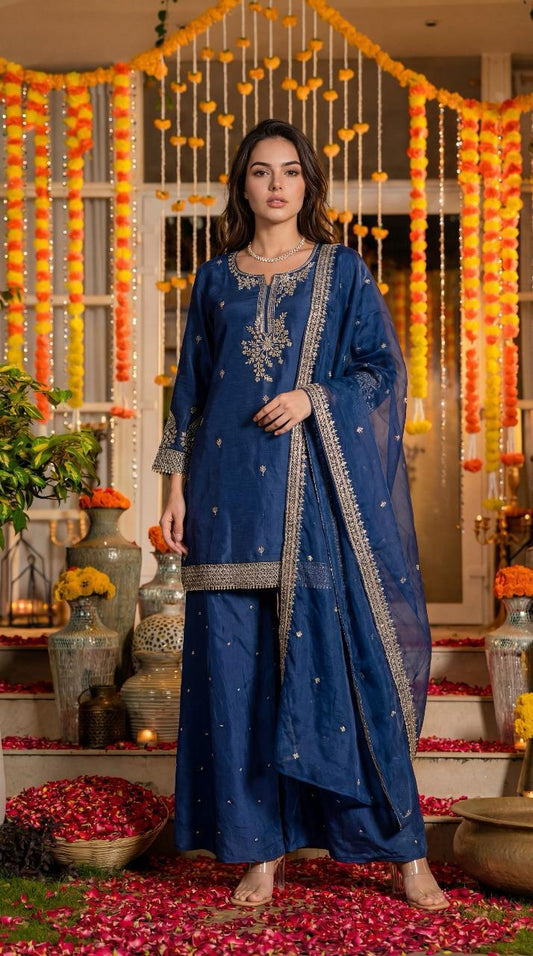 Blue pure silk with lining full jari work three piece set (A1390)