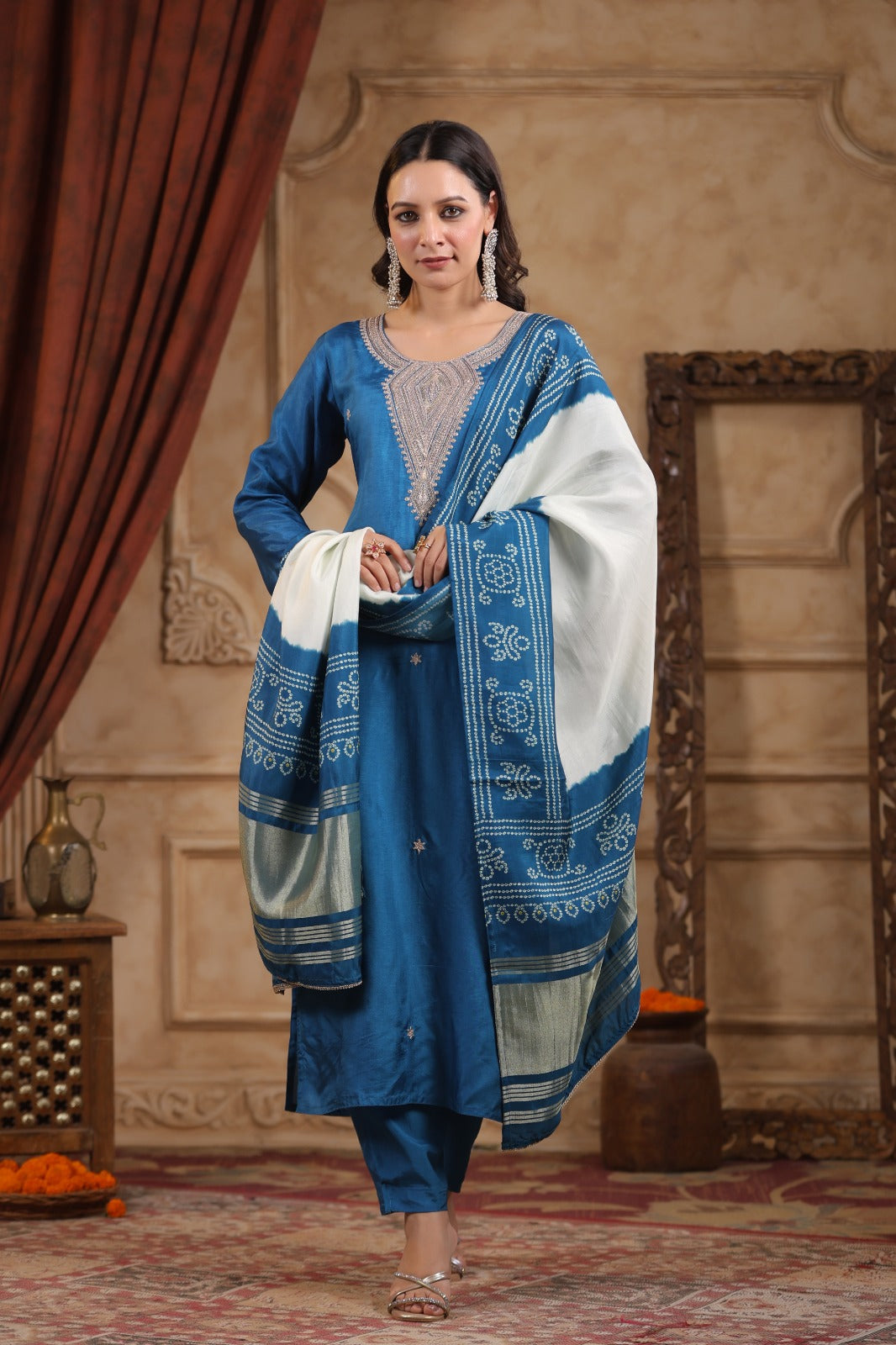 Blue pure silk withheavy work on neck line and bandani  dupatta (P1305)