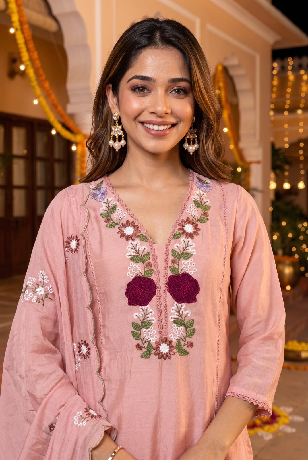 Pure mul chanderi with 3d flowers thread embroidery three piece set (S411)