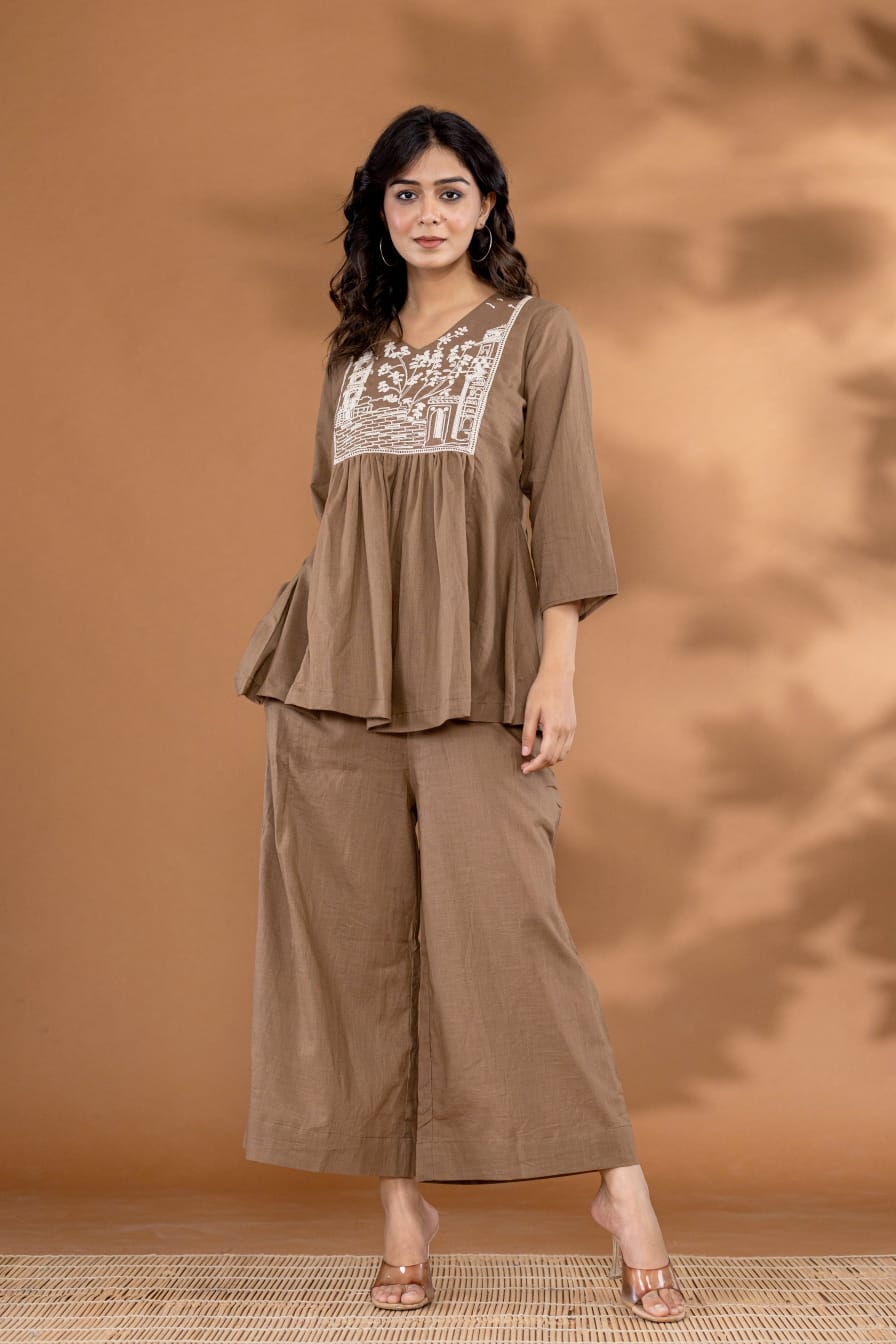 Brown pure cotton fully thread work smart two piece cordset (P1457)