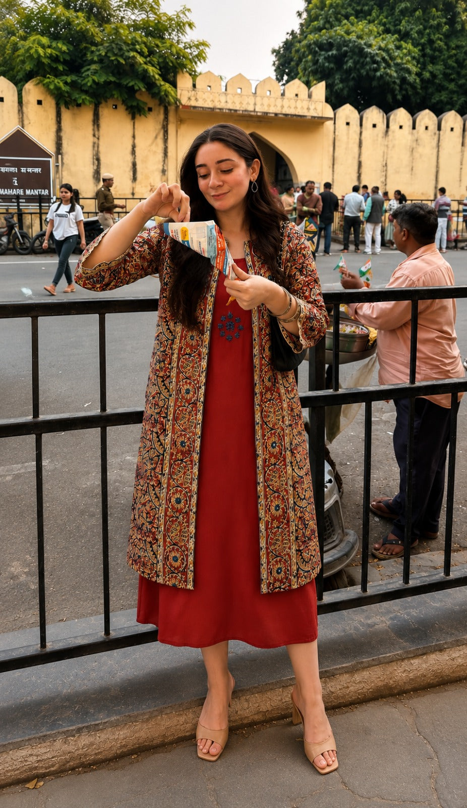 Kalamkari dress with shrug smart long two piece dress (S294)