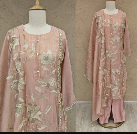 Pink pure tissue with thread work three piece set (A1106)