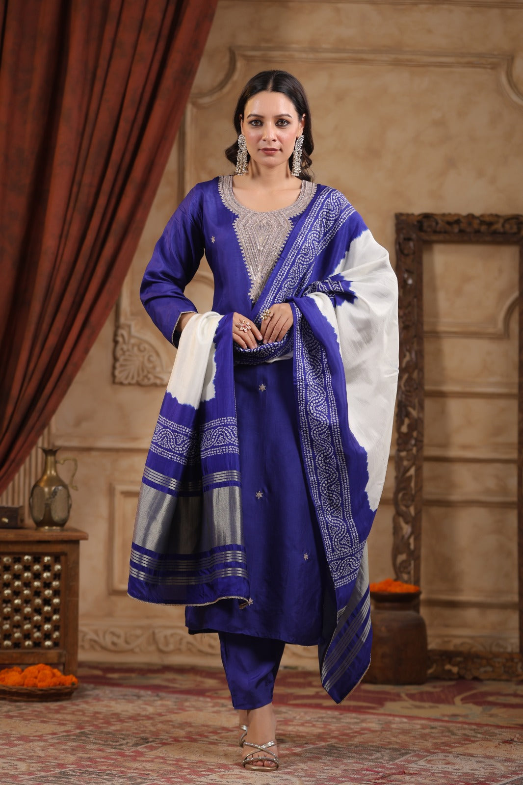 Purple pure silk withheavy work on neck line and bandani  dupatta (P1304)