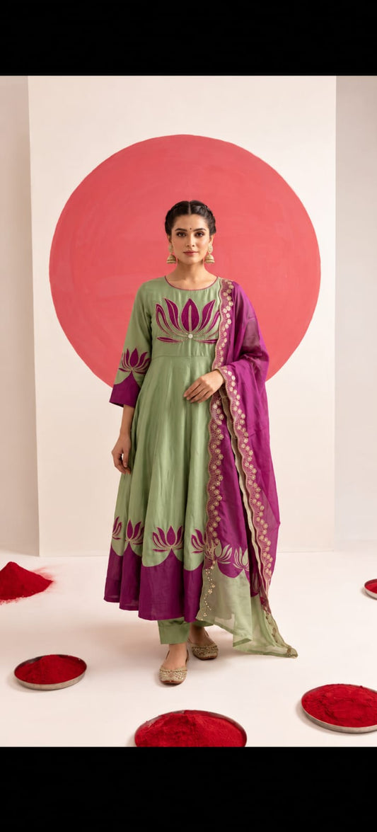 Pure chinnon flared anarkali three piece set (C790)