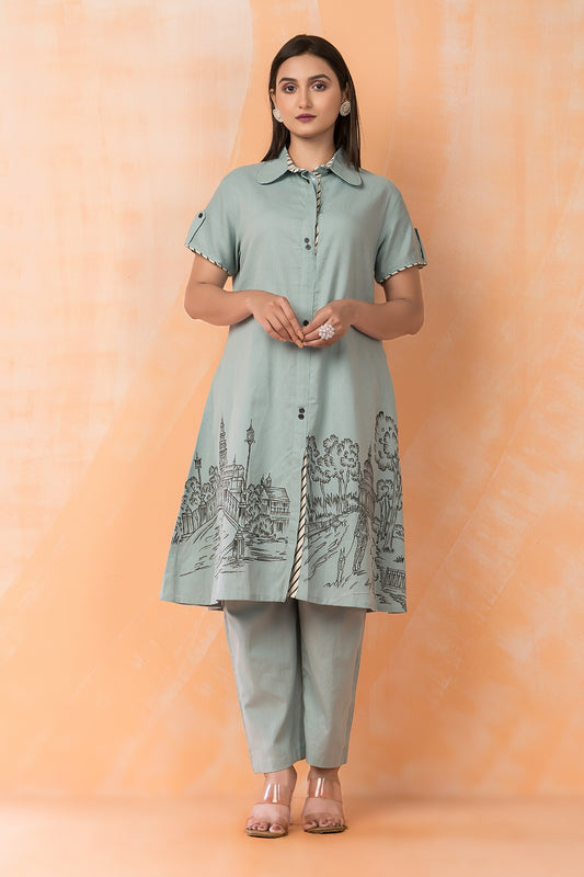 Light blue pure linen stylish two piece cordset (A196)
