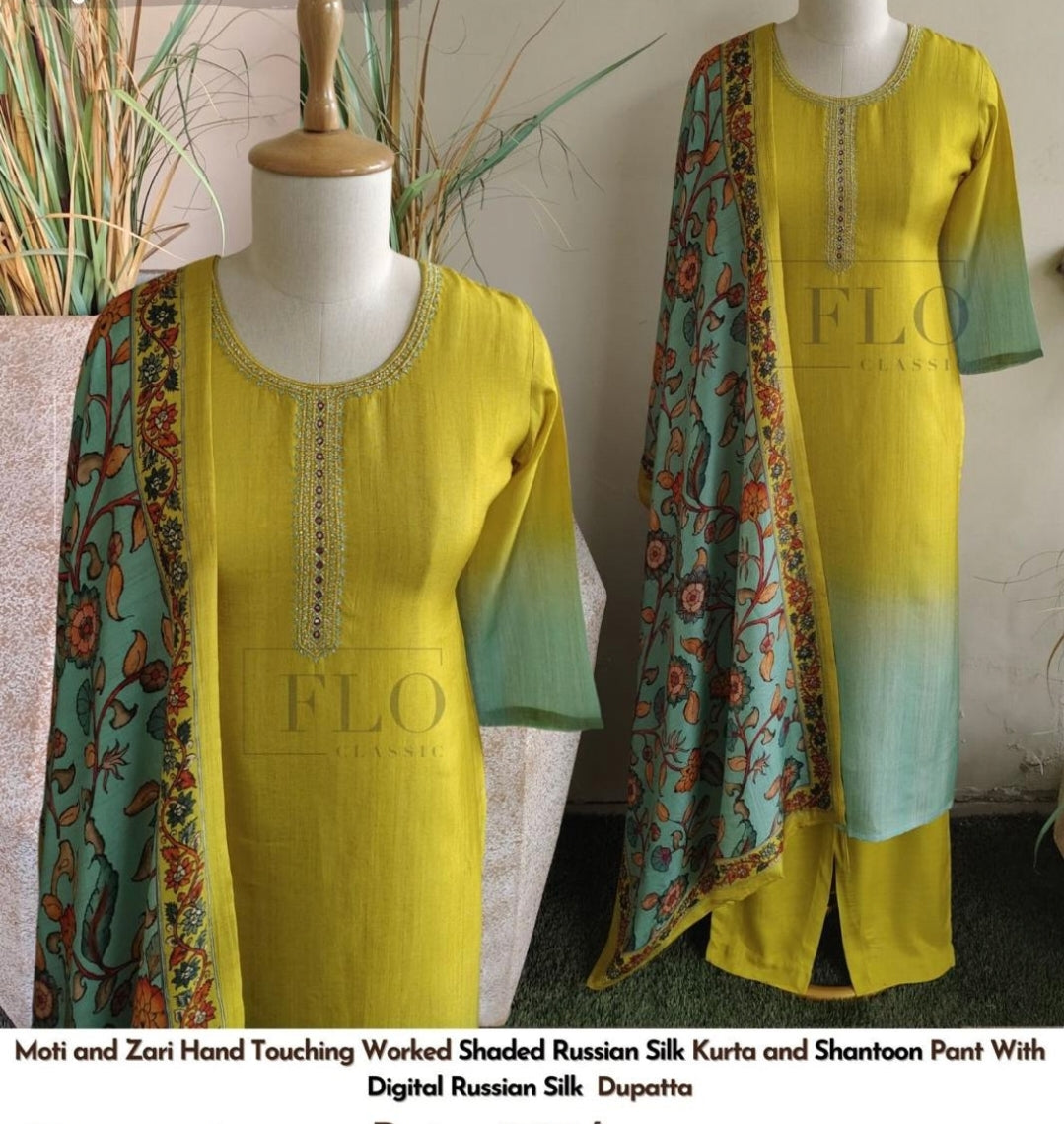 Russian silk with kalamkari dupatta three piece set (A723)