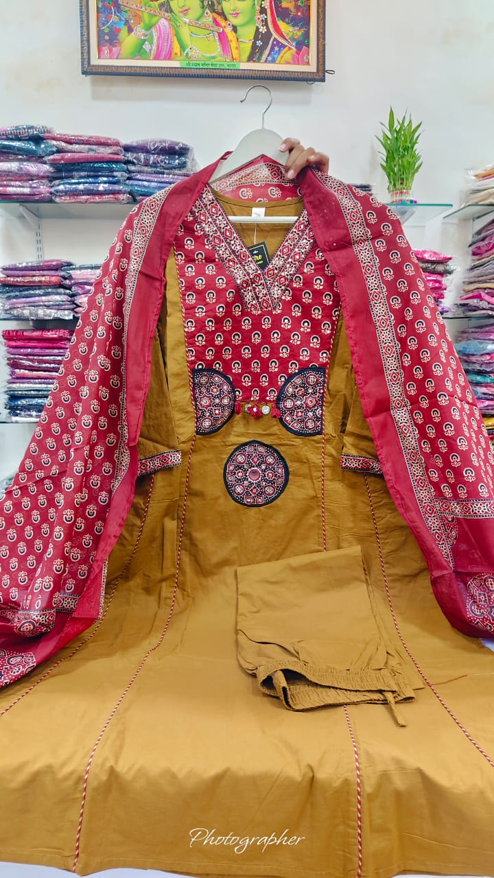 Mustred pure cotton A line pattern with ajrakh dupatta three set (A1030)