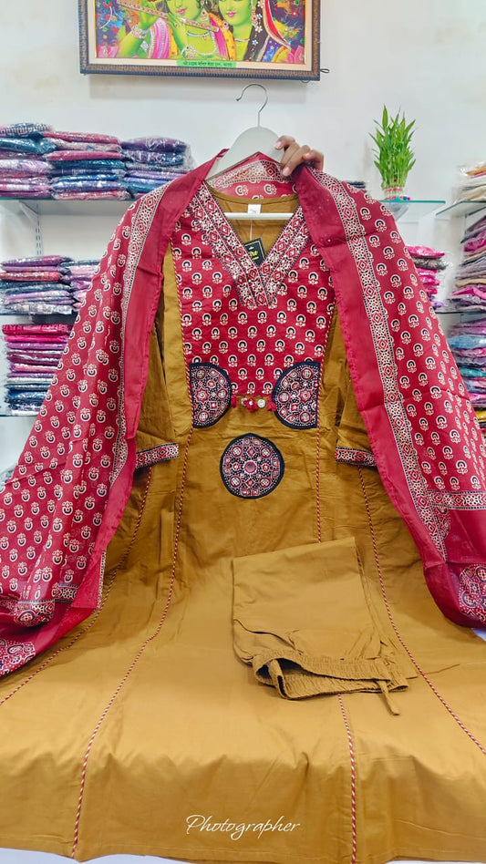Mustred pure cotton A line pattern with ajrakh dupatta three set (A1030)