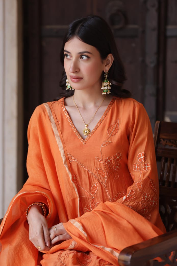 Bright orange pure mul chanderi A line with hand work three piece set (P1414)