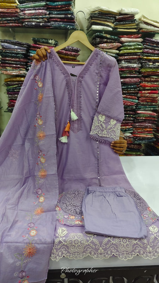 Cotton chanderi with lining pakistani pattern three piece set (B1051)