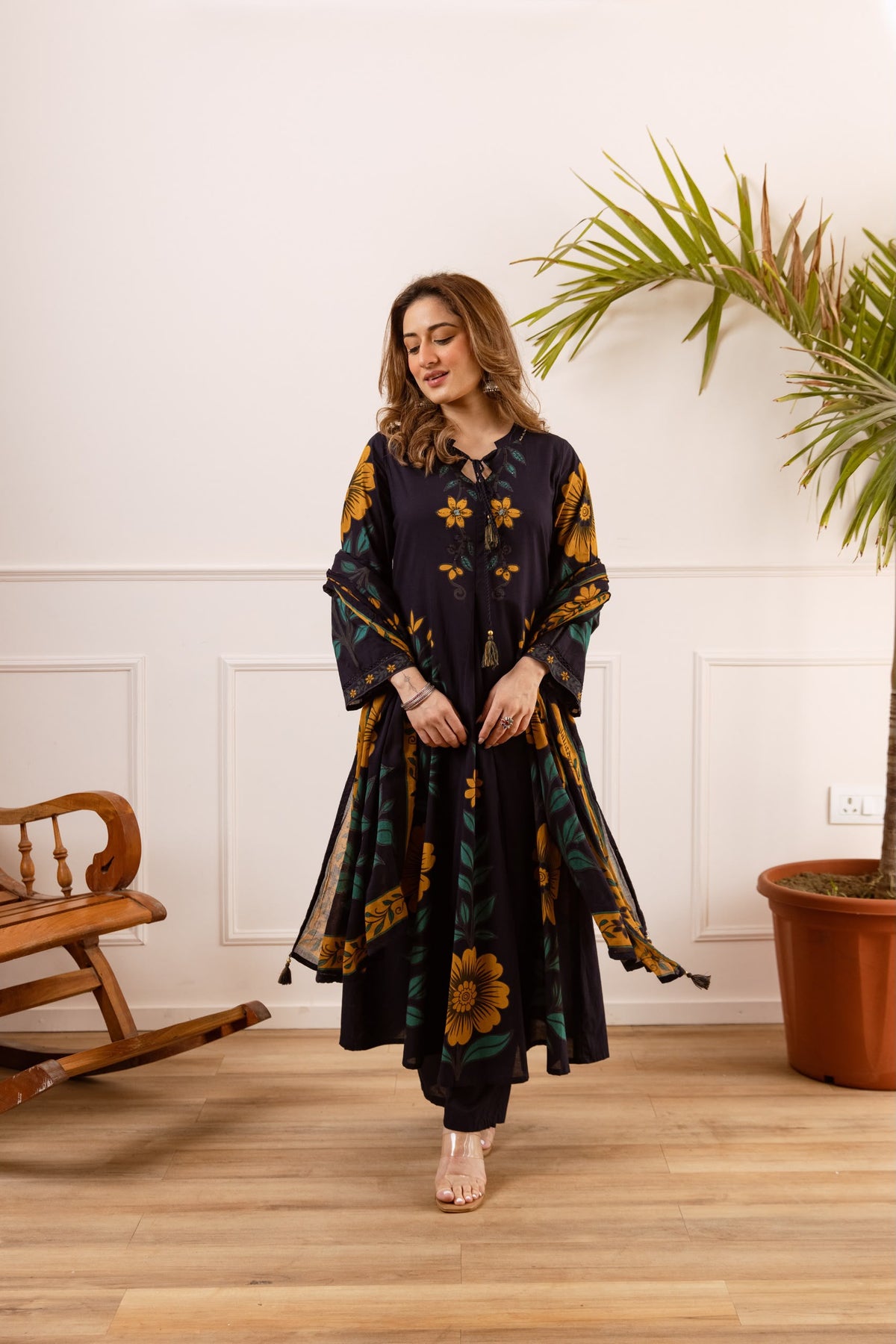 Pure cotton floral print A line pattern flared cotton anarkali three piece set (C699)
