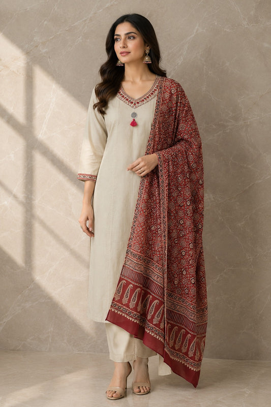 Pure cotton A line pattern kutch work on pocket with Ajrakh dupatta three piece set(B818)