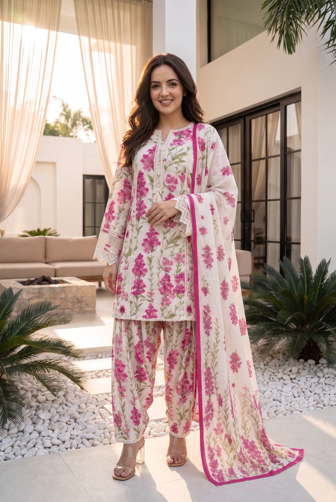 Stylish cotton with farshi salwar three piece set (C460)