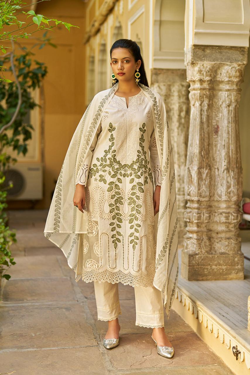 Pakistani pattern pure cotton fully embroidered stylish three piece set (B629)