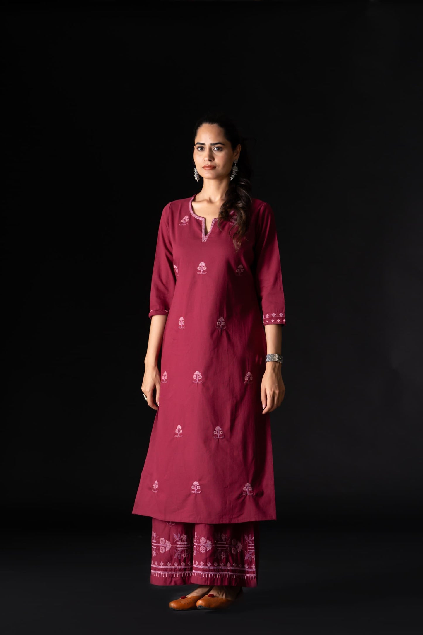 Wine handloom cotton two piece cordset (P884)