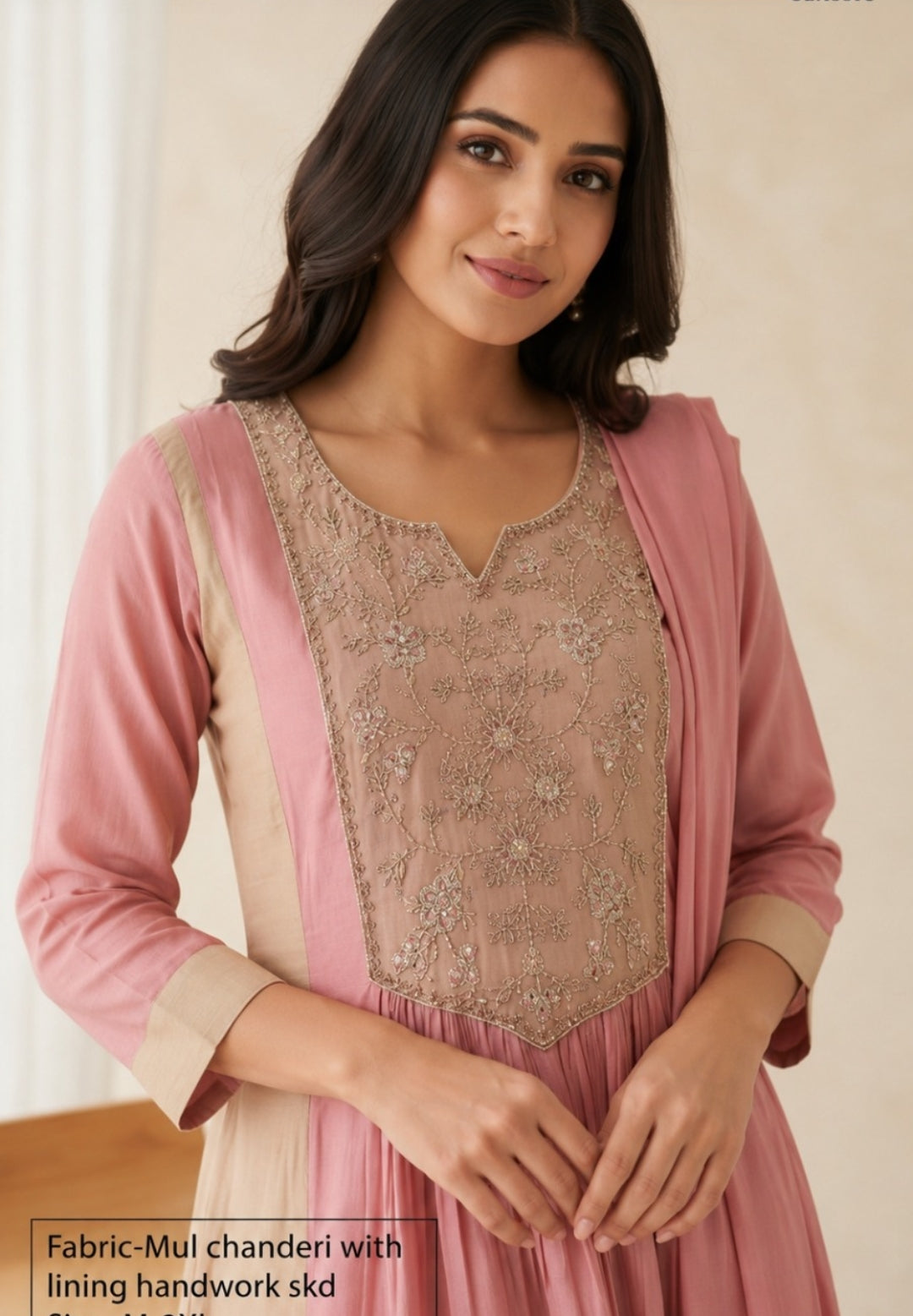 Mul chanderi with hand work three piece set (B1045)