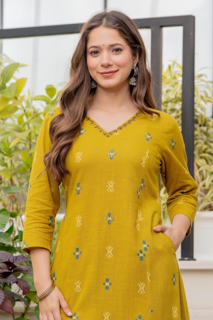 Pure cotton linen ikkat weaved with flared plazo two piece set (A1652)