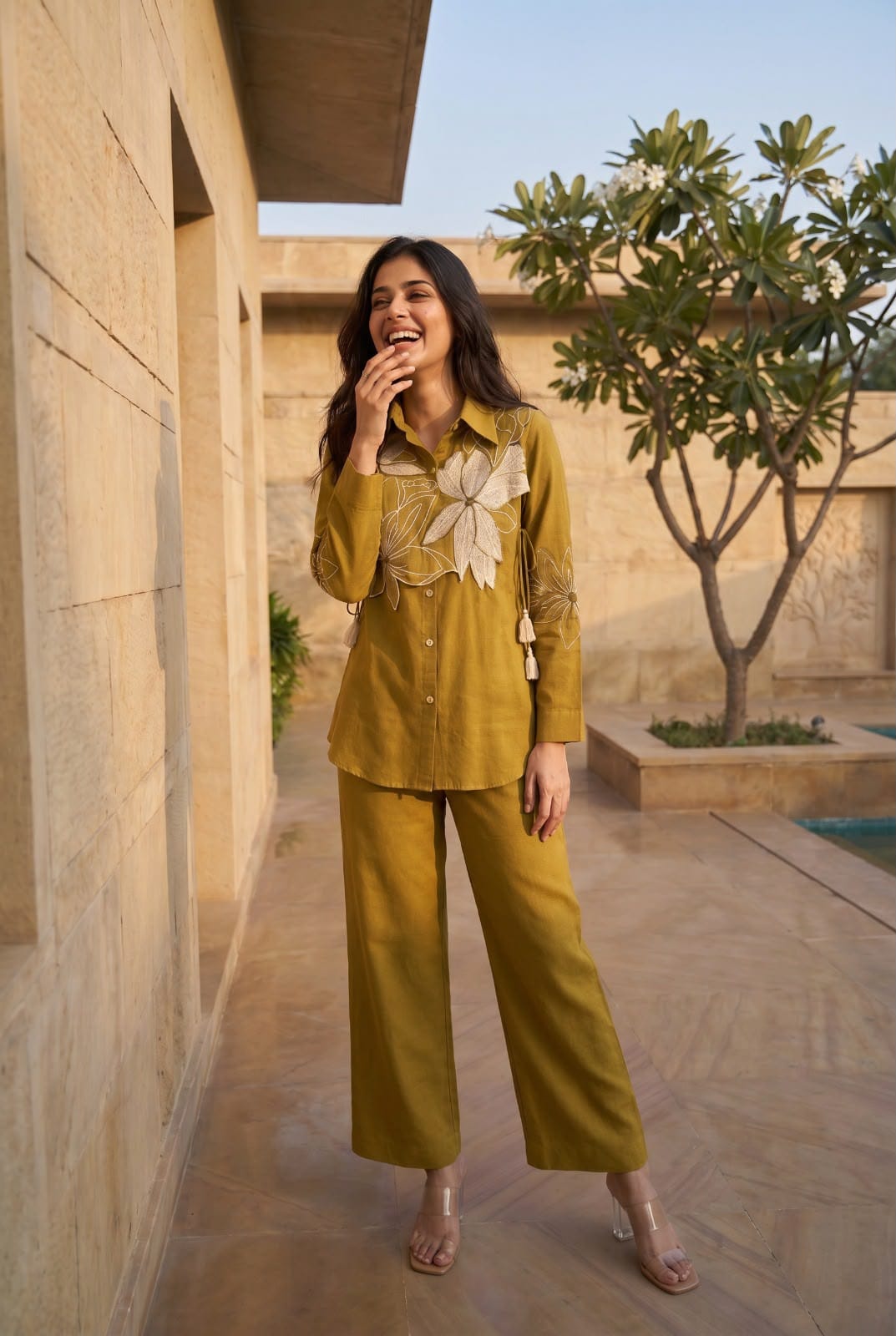 Cotton linen with embroidered shirt smart two piece cordset (C457)
