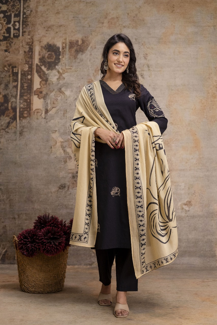 Pure cotton black colour with embroidery three piece set (A1263)