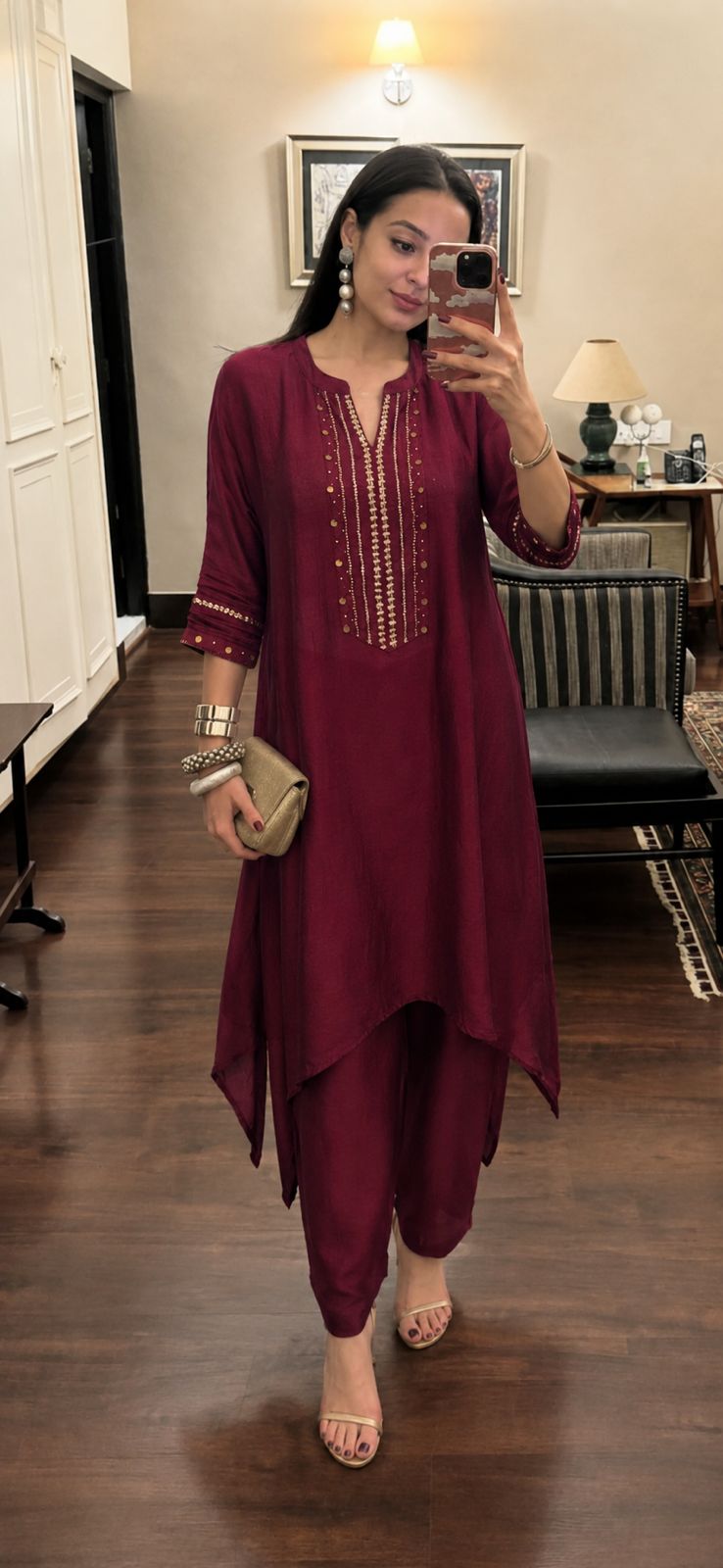 Designer asymmetric cut textured silk coord set with hand adda work flared bottoms
Smart two piece cordset (B883)