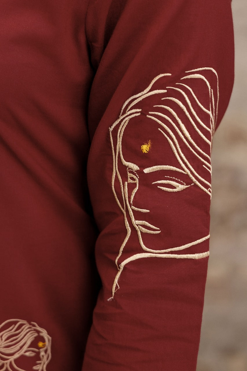 Pure cotton mahroon colour with embroidery three piece set (A1262)