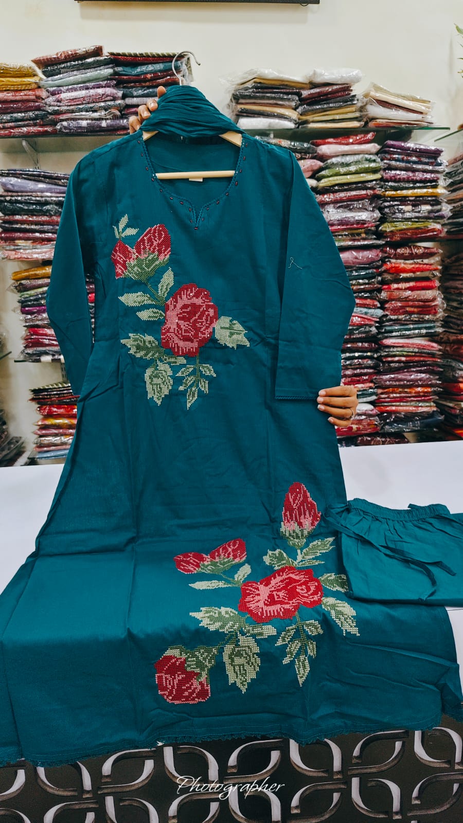 Pure mul cotton with cross stitch smart three piece set (B1049)