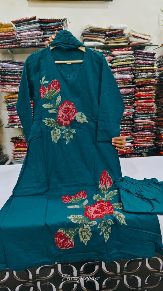 Pure mul cotton with cross stitch smart three piece set (B1049)