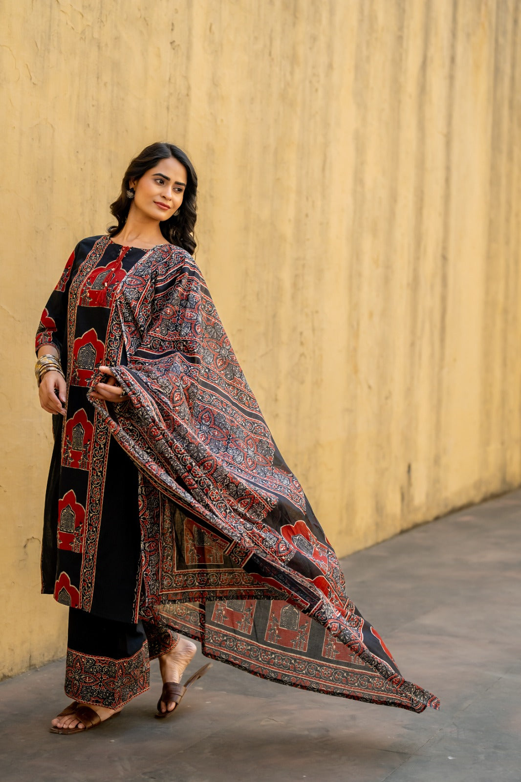 Black ajrak print pure cotton with plazo work detailing on kurta three piece set (P1273)