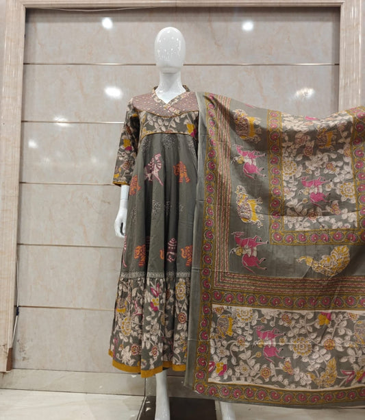 Grey Angrakha pattern pure cotton three piece set (B304)