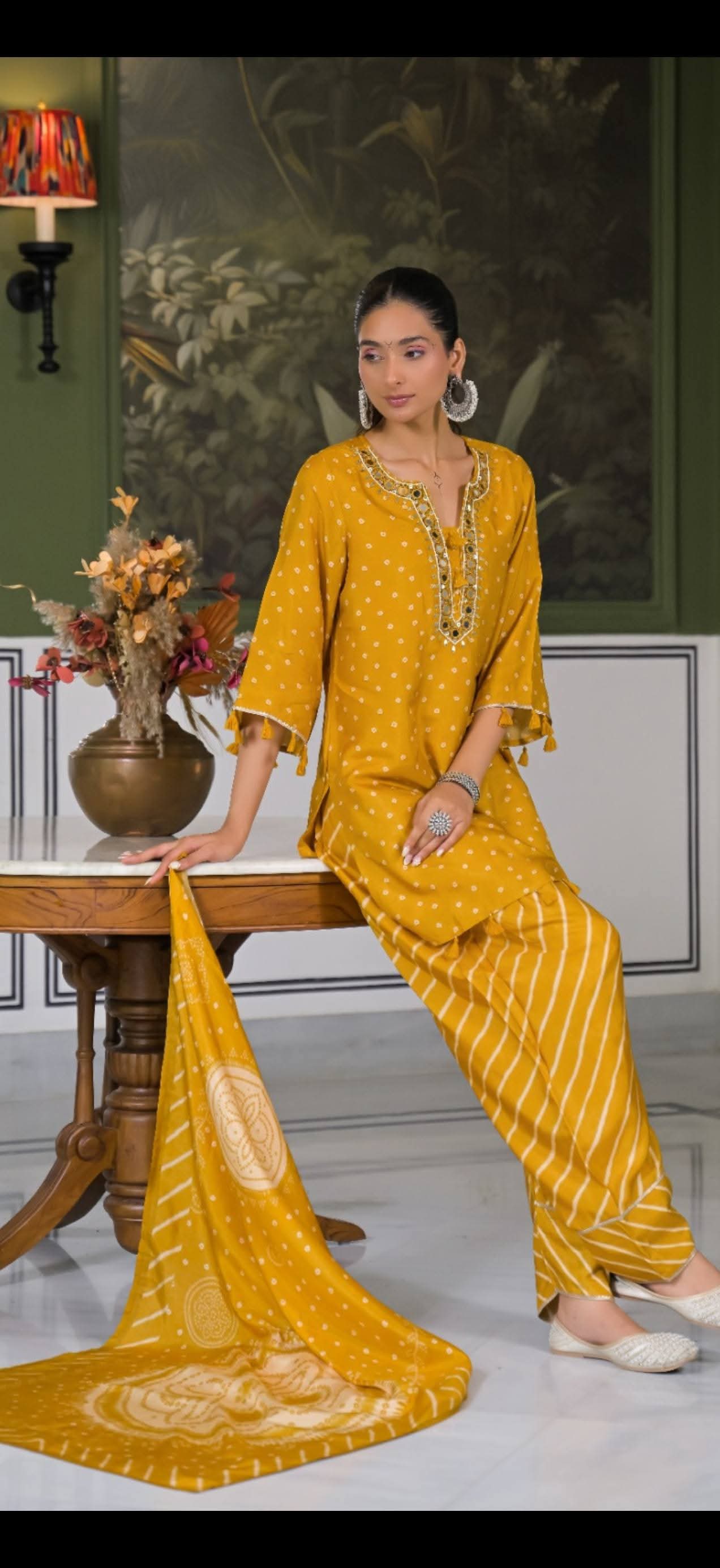 Dola silk with lining real mirror work with farshi salwar three piece set (C569)