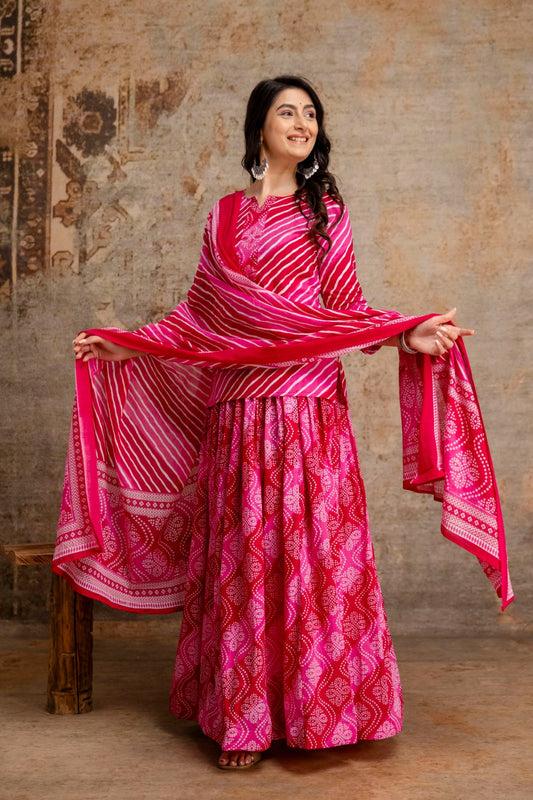 Pure cotton lehriya with flared skirt three piece set (S156)