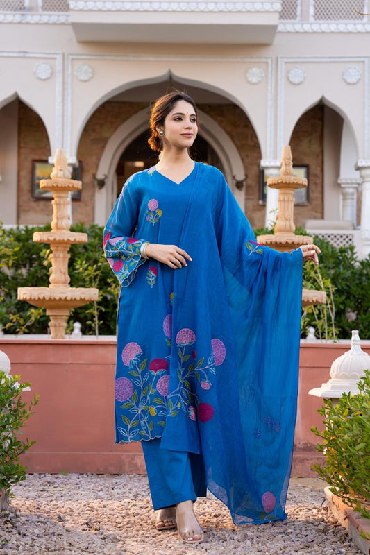 Royal blue pure mul chanderi with mul lining full thread work pakistani sleeves three piece set (P2163)