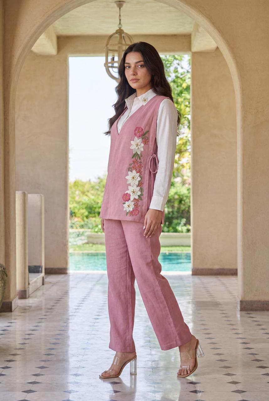 Cotton with embroidered flower smart three piece cordset (S158)