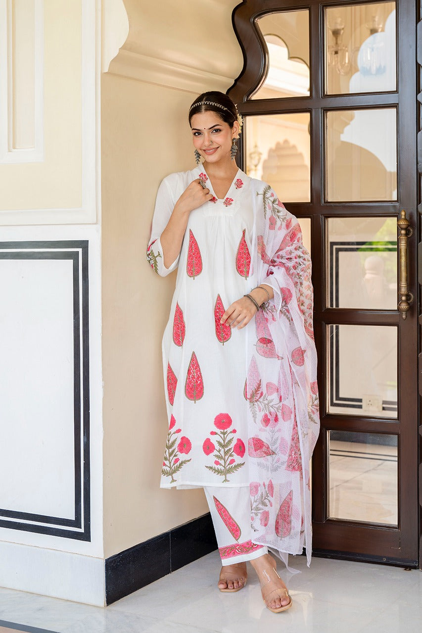 White with red pure cotton with lining block print and kota dupatta three piece set (p761)