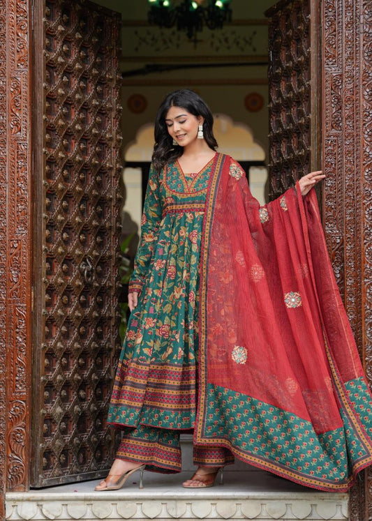 Green kalamkari pure cotton Anarkali (P787)