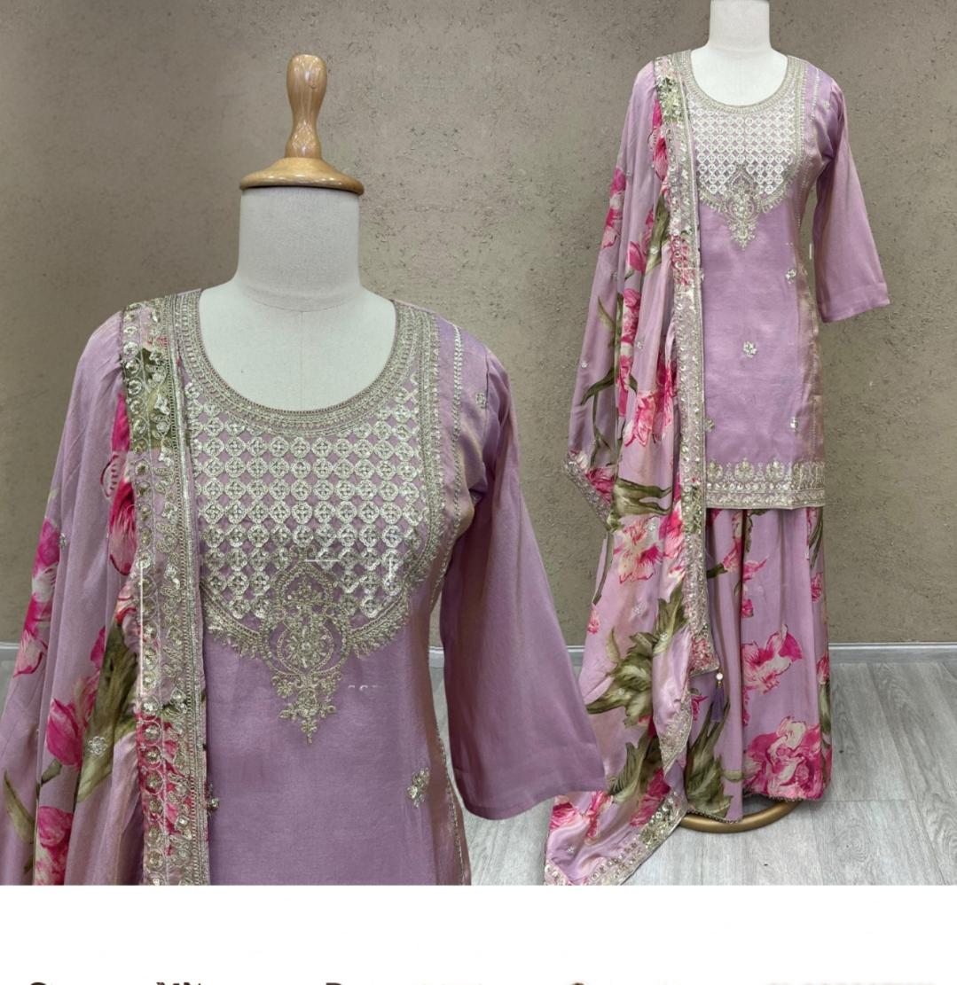 Light purple pure silk with lining designer three piece set (A924)