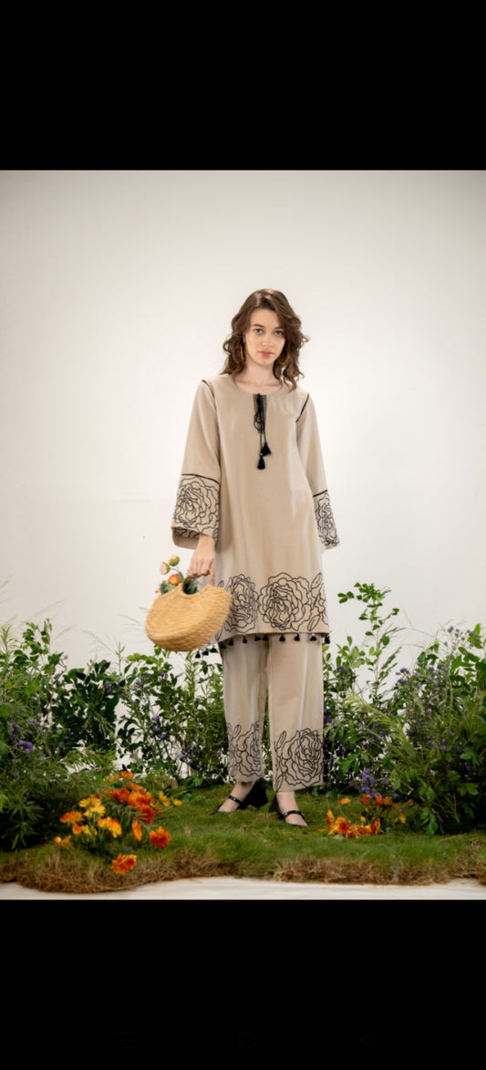 Light mud grey fully thread work designer two piece cordset (P1637)