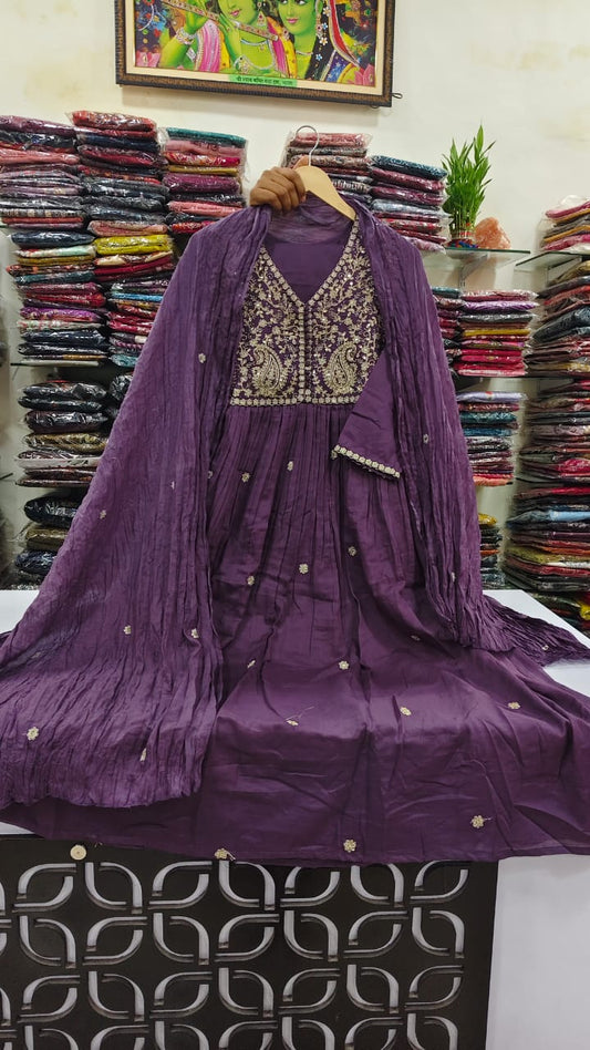 🟣 purple pure cotton fully thread work three piece set (A1314)