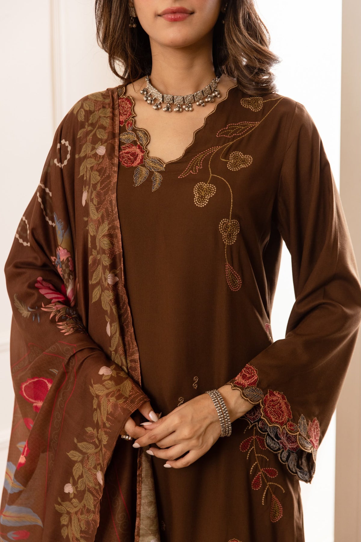Cotton modal fully embroidered with printed dupatta three piece set (C801)