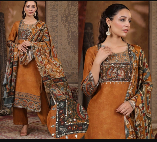 Gold pure mul silk with lining and full chinnon dupatta three piece set (P1845)