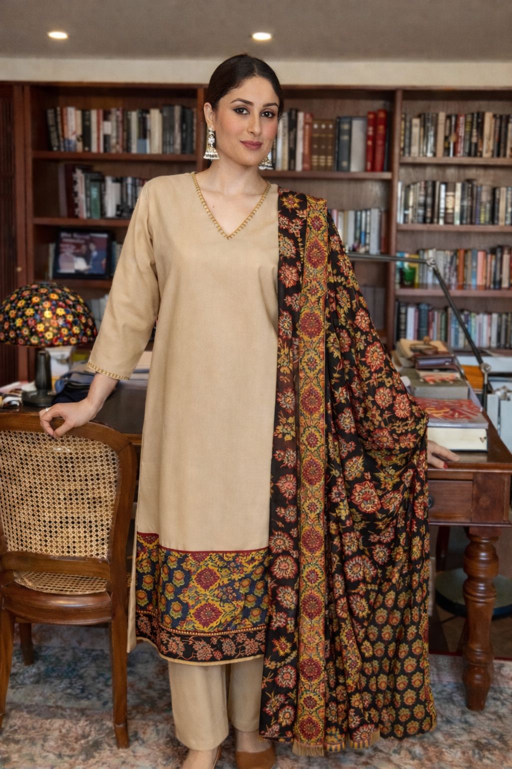 Pure cotton ivory colour with applique work three piece set (A1596)