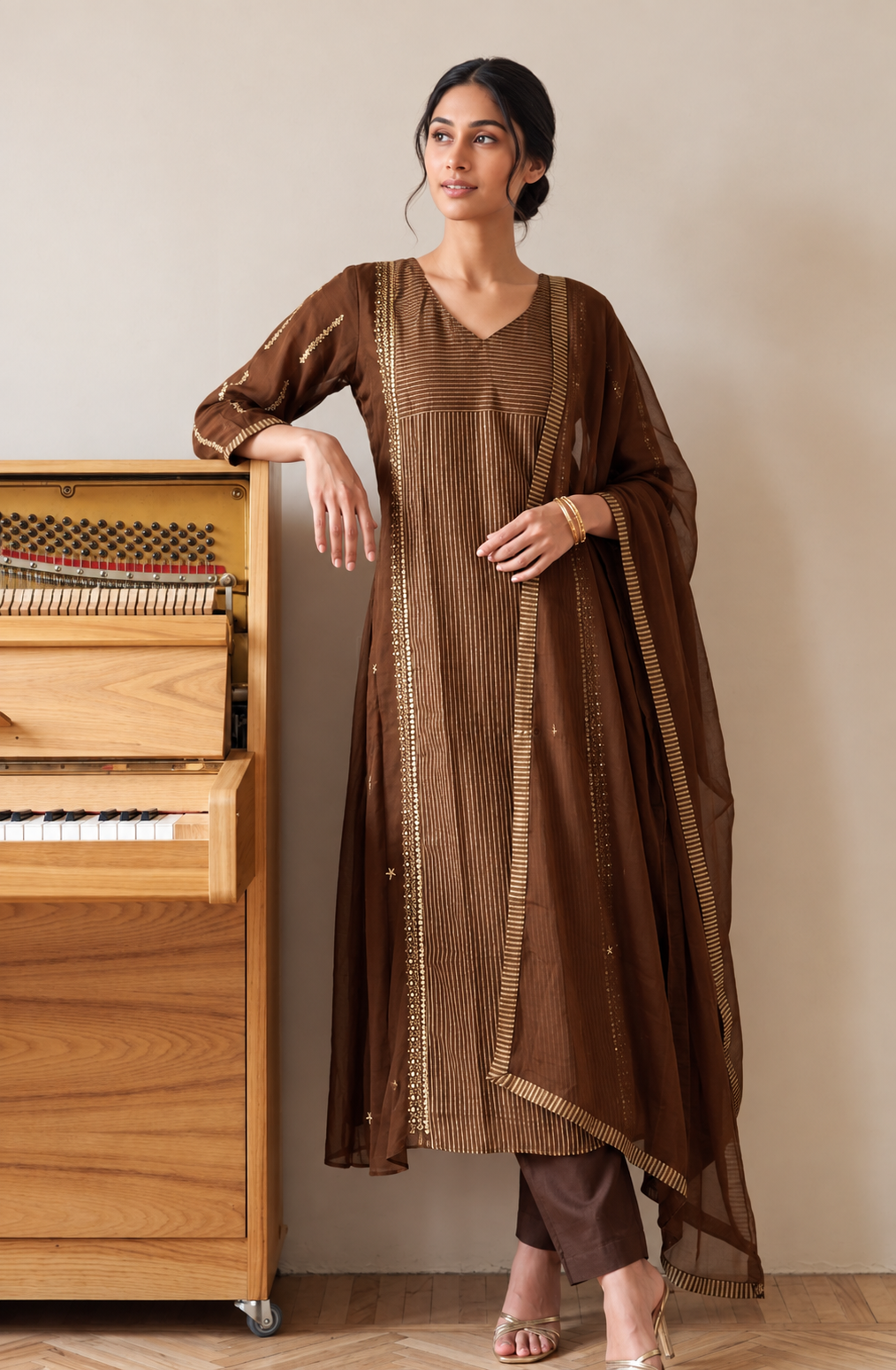 Pure mul chanderi with adda work three piece set (C704)