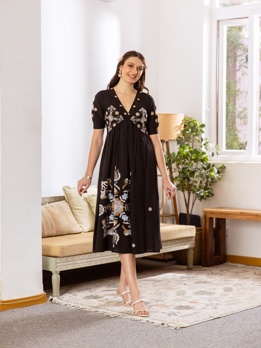 Pure cotton with embroidery smart one piece dress (B223)