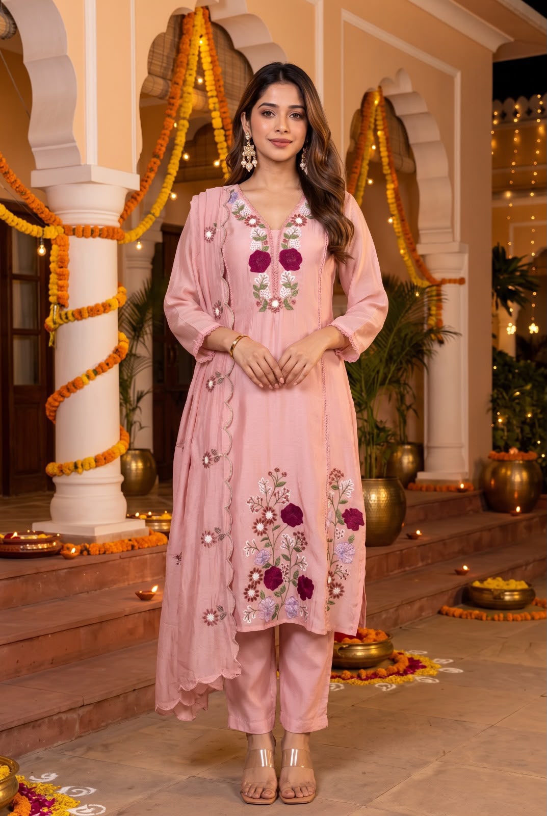 Pure mul chanderi with 3d flowers thread embroidery three piece set (S411)